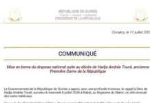 Décès de Hadja Andrée Touré: : Le drapeau national sera en berne le 12 juillet ( Communiqué)